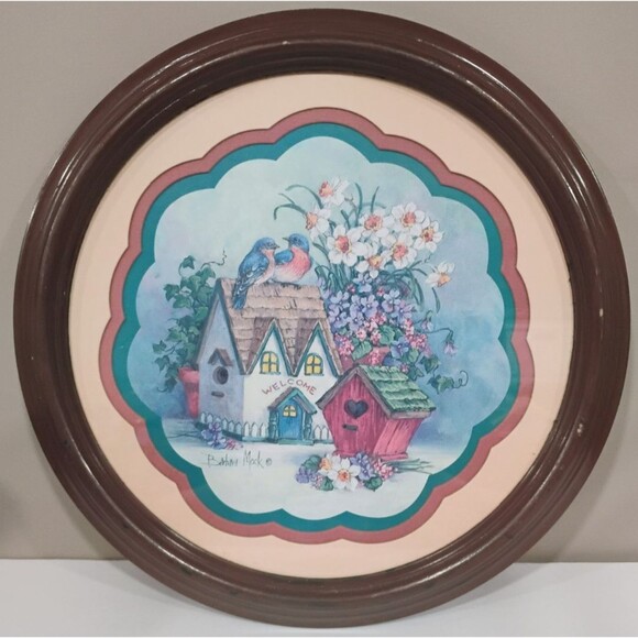 Other - Barbara Mock Birdhouses Blue Birds Welcome Framed Matted Print Round Brown Frame